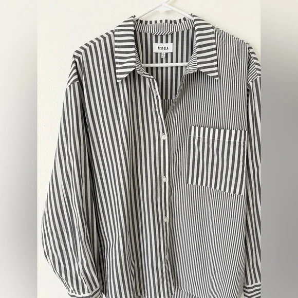 Pistola Millie Long Sleeve Button Down Shirt in Noir Ecru Stripe Size Large - Picture 4 of 7